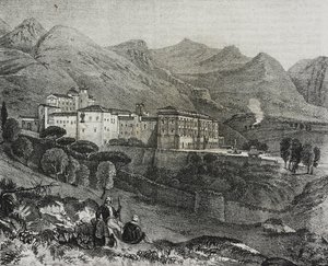 Vista do mosteiro de San Martino delle Scale perto de Palermo, Sicília, Itália, litografia de Salvatore Puglia de Poliorama Pittoresco, n 47, 2 de Julho