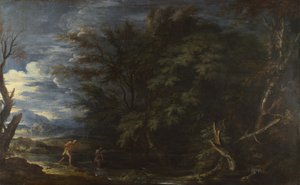 Paisagem com Mercury e o desonesto Woodman, ca 1663.