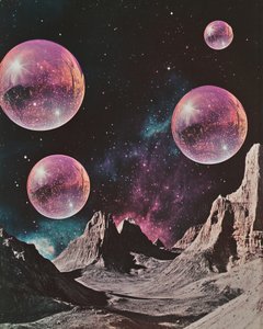 Esferas roxas numa paisagem alienígena