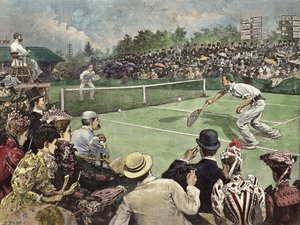 Campeonato de ténis de relva em Wimbledon, 1891, com os Srs. W Baddeley e J Pim a disputar as finais (gravura a cores)