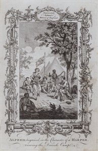 Alfred, disfarçado na personagem de um Harper, vendo o acampamento dinamarquês (gravura) de Samuel (after) Wale