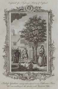 O Bispo Gardiner vem com uma Guarda para apanhar Catherine Parr, que caminhava no Jardim com Henrique VIII (gravura)