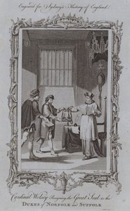 Cardeal Wolsey Resignando o Grande Selo aos Duques de Norfolk e Suffolk (gravura) de Samuel (after) Wale