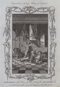 Eduardo I, enquanto o Príncipe de Gales matava o Assassino que o feriu com uma Adaga envenenada, na Terra Santa (gravura) de Samuel (after) Wale