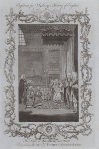 O Duque de Queensberry e Dover Apresentando o Acto de União à Rainha Ana (gravura) de Samuel (after) Wale