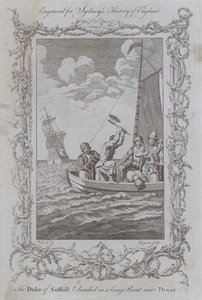 O Duque de Suffolk é decapitado num longo barco perto de Dover (gravura) de Samuel (after) Wale