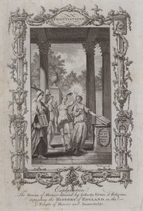 O Gênio da História atendido pela Liberdade, Virtude e Religião, depositando a História da Inglaterra no Templo de Honra e Imortalidade (gravura) de Samuel (after) Wale
