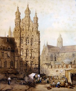 Câmara Municipal e Catedral de Leuven na Bélgica, c.1840 (aguarela sobre papel) de Samuel (circle of) Prout