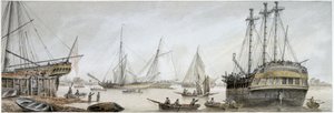 Um navio indiano preparado para reparações no Tamisa, com uma descrição das actividades normais dos estaleiros reais de Deptford de Samuel Atkins