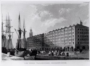 O armazém de Goree, doca de George, Liverpool, gravado por H. Wallis, c.1830