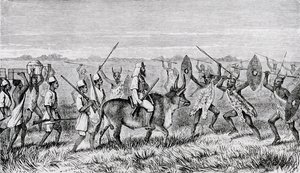 O Começo de M&39;rooli para o Lago com a Escolta Satânica de Kamrasi, de &39;O Albert N&39;yanza, Grande Bacia do Nilo e Explorações das Fontes do Nilo&39;, 1866 de Samuel Baker