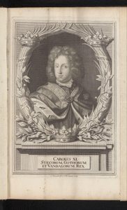 Portret de Karel XI de Zweden Carlos XI, rei dos godos e vândalos suecos (título no objeto) Suécia Antiga e Moderna (título da série) de Samuel Blesendorf