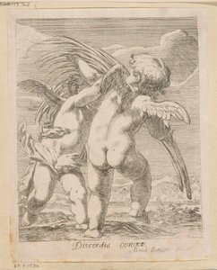 Dois putti discutindo sobre um galho de palmeira Discordia Concors (título no objeto) Vários designs (título da série) Opera Varia Historica, Poetica & Iconologica (título da série)