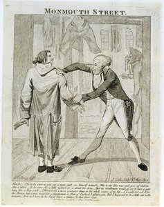 Monmouth Street, uma caricatura de um vendedor de roupas antigas, gravada por J. Cooke, 1789