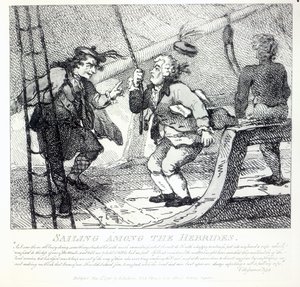 Navegando entre as Hébridas de "Pitorescas belezas de Boswell, parte o primeiro", gravado por Thomas Rowlandson, 1786