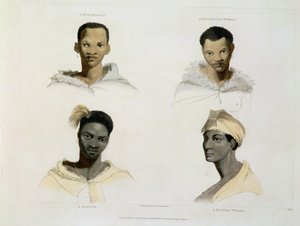 Um hotentote, uma mulher hotentote, um kaffre, uma mulher do Kaffre: quatro vinhetas de cabeça e ombros, prato 14 de "Paisagem e Animais Africanos", gravado pelo artista, 1804 (aquatint)