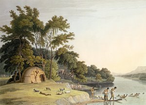 Aldeia Hottentot de Korah, na margem esquerda do Rio Orange, placa 1 de &39;African Scenery and Animals&39;, gravada pelo artista, 1804 (aquatint)
