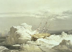 Posição crítica do HMS Investigator na costa norte da ilha de Baring, em 20 de agosto de 1851, gravada por William Simpson, publicada por Ackermann und Co., 1854 de Samuel Gurney Cresswell