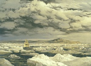Primeira descoberta de terras pelo HMS Investigator, 6 de setembro de 1850, gravada por E. Walker, 1854