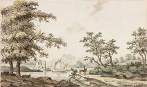 Um rio com barcos à vela e um cavalo e carrinho (tinta (preto) e aquarela sobre papel) de Samuel Henry Alken