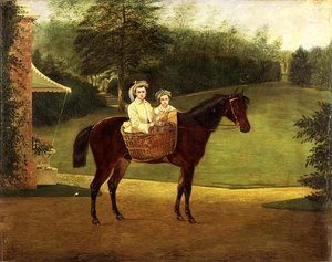 Retrato de Duas Meninas Num Pannier Num Pónei (óleo num painel) de Samuel Henry Alken