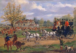 Treinador de palco passando por um encontro fora de uma pousada, 1862