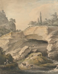 Paisagem Rochosa com Camponeses e Gado de Samuel Hieronymus Grimm