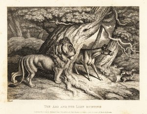 Um burro zurra alto na presa enquanto caça com um leão. 1811 (gravura)