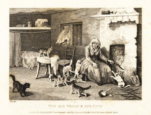Velha bruxa sentada na lareira, num casebre rodeada de gatos. 1811 (gravura)