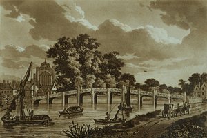 Ponte da corte de Hampton, ilustração "das vistas pitorescas do rio Tamisa", bar. 1799 (gravura, aquatinta) de Samuel Ireland