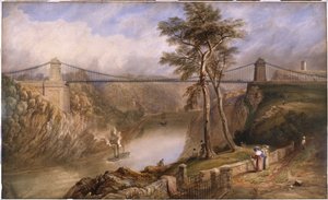 Vista do Desfiladeiro Avon com o desenho aprovado para a Ponte de Suspensão Clifton (aguarela sobre papel) de Samuel Jackson