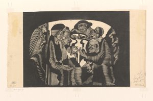 Grupo de figuras em um arco Imaginação visionária: grupo de figuras, envolto em forma de arco, no centro superior um homem frontal com um chapéu de Samuel Jessurun de Mesquita (signed by artist)