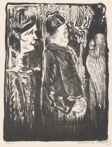 Fantasia: à esquerda duas figuras com chapéus à direita, à direita uma aparência arranhada com plumagem de Samuel Jessurun de Mesquita