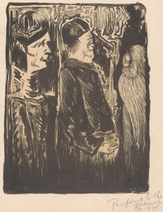 Fantasia: duas figuras à esquerda com capotas à direita, à direita uma aparição incisa com plumagem de Samuel Jessurun de Mesquita