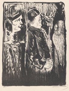 Fantasia: à esquerda duas figuras com chapéus à direita, à direita uma aparência arranhada com plumagem de Samuel Jessurun de Mesquita