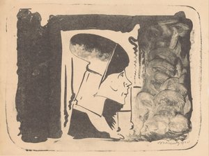 Fantasia: perfil cabeça para a direita num rectângulo branco rodeado de preto (em baixo à direita é lavado preto) de Samuel Jessurun de Mesquita