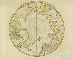 Um Mapa dos Países Trinta Graus ao redor do Pólo Norte, de "Atlas a Crutwell&39;s Gazetteer" de Clement Crutwell (1743-1808), publicado em Londres, 1799