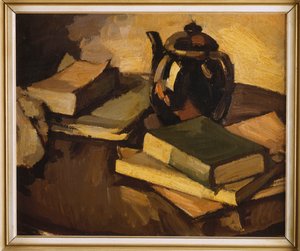 Natureza morta com um bule de chá e livros sobre uma mesa, c.1926 de Samuel John Peploe