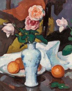 Rosas em um vaso com laranjas e uma toalha de mesa branca, de Samuel John Peploe
