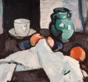 Natureza morta com tigela de frutas, jarro, xícara e pires, 1927-29. de Samuel John Peploe