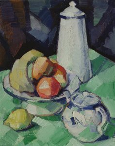 Ainda vida com bule e frutas em uma toalha de mesa verde, c.1913