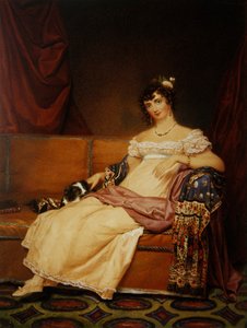 Lady Waterhouse sentada num sofá com o seu spaniel (aguarela sobre papel)