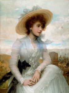 Retrato de uma jovem mulher com um chapéu de palha Impressão de Samuel Luke Fildes (1843-1927) Paris do século XIX, Artes Decorativas