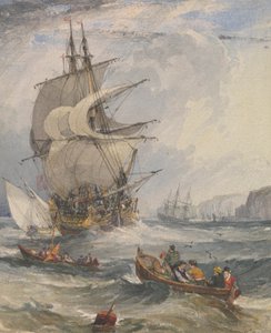 Navios à vela e pequenos barcos no mar encrespado ao largo da costa