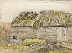Um celeiro com telhado coberto de musgo, Shoreham (aquarela com lavagem marrom, tinta, guache e lápis sobre papel) de Samuel Palmer