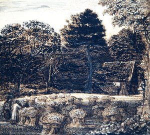 A Cornfield, Shoreham, at Twilight, c.1830 (caneta, lavagem e tinta indiana no cartão) de Samuel Palmer