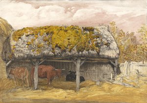 A Cow Lodge com um telhado musgoso, c.1829 (caneta e tinta com aquarela e guache no papel) de Samuel Palmer