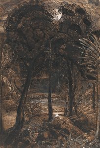 Uma cena iluminada pela lua com um rio sinuoso de Samuel Palmer
