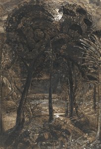 Uma cena iluminada pela lua com um rio sinuoso de Samuel Palmer