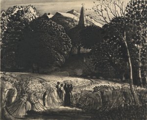Milharal e Igreja ao Luar (pincel e tinta preta no papel) de Samuel Palmer
